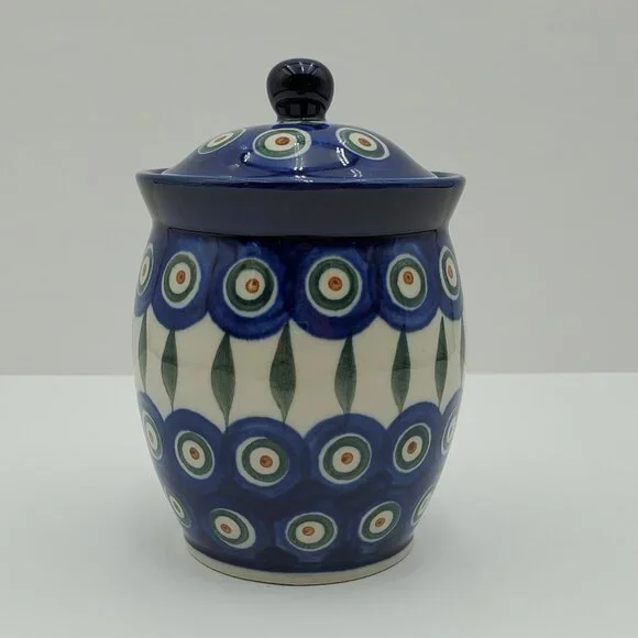 Polish Pottery Peacock Leaves Jar with Lid Peacock Sugar Bowl Small Lidded Jar - Picture 2 of 8
